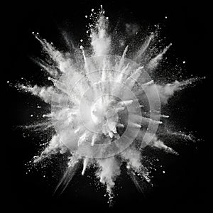Abstract white powder explosion on black background