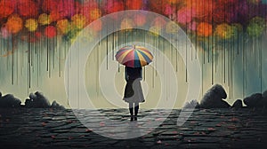 Abstract image of woman standing in the rain with rainbow umbrella