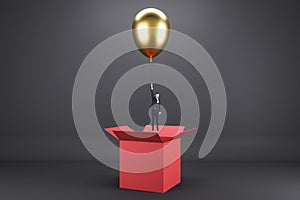 Abstract image of young european businessman flying on golden balloon out of red paper box on light background. Success, business