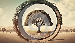 Abstract imagery. David Lynch. Circular ring surrounding a sepia tree in the desert. Isolation imagery. Quirky eerie view.