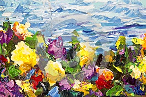 Oil painting and palette knife close-up. Yellow red violet flowers in a green grass against a background of blue sea waves. Fragme