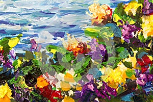 Oil painting and palette knife close-up. Yellow red violet flowers in a green grass against a background of blue sea waves. Fragme