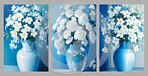 abstract impressionist oil painting of white flowers in a shiny blue vase. canvas wall art decor