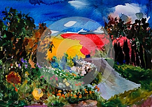 An abstract impressionist style image of a sketch for a town garden