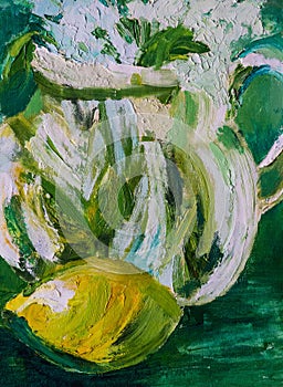 Abstract, impressionistic oil painting of a lemon with glass jug