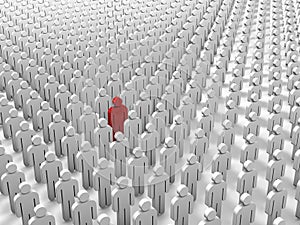 Abstract individuality, uniqueness and leadership business concept: single red 3D people figure in crowded group of white figures.