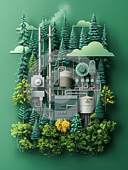 Abstract Industrial Complex Surrounded by Pine Trees on a Green Background Modern Artistic Conceptual Illustration