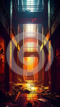 Abstract Industrial Interior View of Abandoned Building with Golden Light