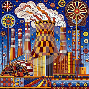Abstract Industry: Factory Illustration with Smokestacks, Globe, and Patterns, generative ai