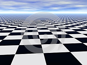 Abstract infinite chess floor and cloudy sky