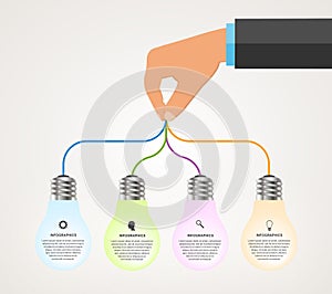 Abstract infographics design template with human hands holding the light bulb banner.