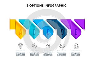 Abstract infographics number options template with arrows. Timeline presentation with 5 options, parts or processes