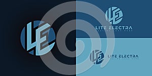 Abstract initial circle letter LE or EL logo in multiple blue colors isolated on multiple background colors