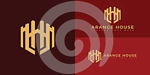 Abstract initial hexagon letter AH or HA logo in luxury gold color isolated on multiple background colors photo