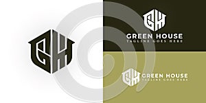 Abstract initial hexagon letter GH or HG logo in deep green color isolated on multiple background colors photo