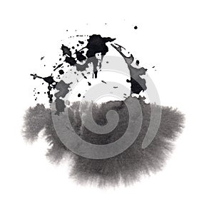 Abstract ink blot unusual shape. Isolated on white. Hand drawn chinese ink on paper textures. Inkdrawn collection. Raster
