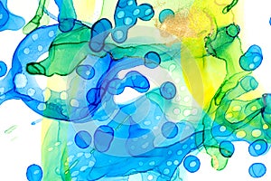 Abstract ink blue and green watercolor ink spots background. Alcohol ink illustration.