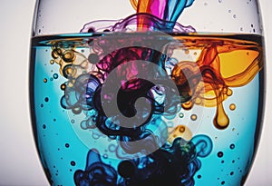Abstract ink drops diffusing in water, creating vibrant colors and patterns