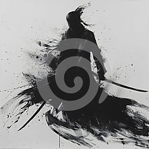 Abstract ink illustration of a swordman black and white