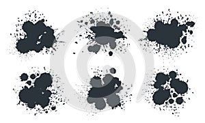Abstract ink splash. Black paint drops and spots, messy ink splatters. Ink grunge drops silhouettes flat vector illustration set