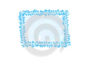 Abstract ink water color, blue leaves frame on white background with copy space for banner or logo