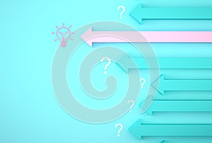 Abstract innovation of pink arrow graph on blue background. light bulb revealing an idea with question symbol. Business