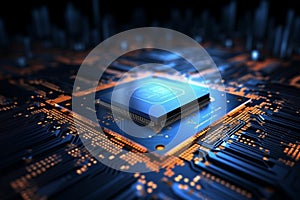 Abstract integration Circuit board blends with chip processor, creating a technology focused background