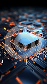 Abstract integration Circuit board blends with chip processor, creating a technology focused background