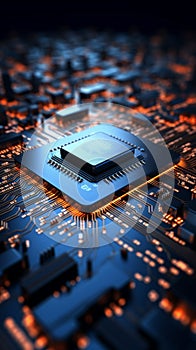 Abstract integration Circuit board blends with chip processor, creating a technology focused background