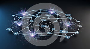 Abstract interconnected network of nodes and glowing particles on a dark background