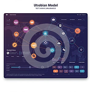 Abstract interface design featuring a network diagram on a dark background, labeled