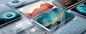 Abstract interface displaying data analytics and futuristic graphs on tech screens
