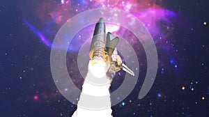 abstract intergalactic spaceship shuttle fly to the stars in outer space. elements of this image furnished by nasa