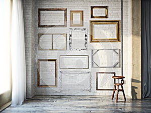 Abstract interior of assorted classic empty picture frames against a white brick wall with rustic hardwood floors