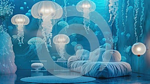 Abstract interior design with glowing jellyfish lamps and puffy sofas, underwater concept