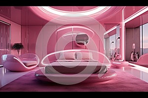 Abstract interior design.living area and bedroom with architectural elements in pink tone,