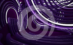 Abstract interior of the future in a minimalist style, consisting of structure violet arcs. Night view from the backligh. Architec