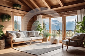 abstract interior of a living room or lounge in a country side wooden cottage, big windows with beautiful view