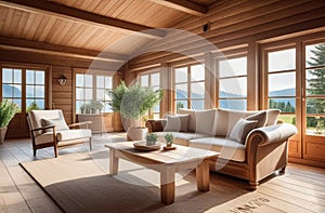 abstract interior of a living room or lounge in a country side wooden cottage, big windows with beautiful view