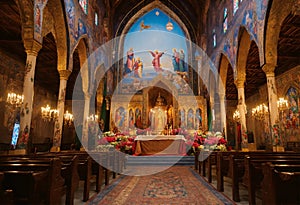 Abstract interior of the parish hall of a Christian church