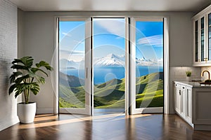 abstract interior of a rural house room with beautiful window view