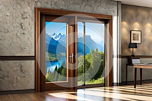 abstract interior of a rural house room with beautiful window view