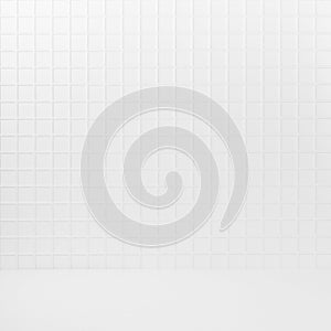 Abstract interior with white tiny square ceramic tiles on wall and wood floor or shelf, mockup, empty.