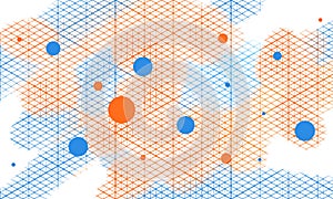 Abstract intersected orange and blue grid or cells with flat falling balls.