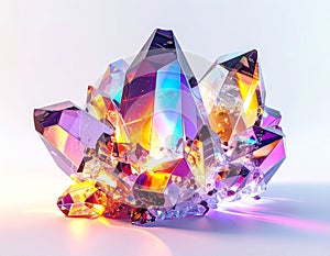 Abstract Iridescent Crystal Cluster With Vibrant Light Refractions On White Background