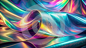 Abstract iridescent fabric folds creating a dynamic, colorful wave pattern. Generative AI