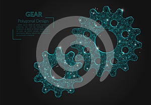 Abstract isolated blue image of a gear. Polygonal illustration looks like stars in the blask night sky in spase or photo