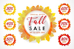 Bright coloured autumn sale digits with set of percent % off, buy just now in yellow maple leaves