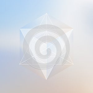 Abstract isometric cube and prism with the reflection of the environment and low poly triangles on blurred background. Vector fut photo