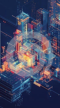 Abstract Isometric Data Visualization of Interconnected Structures on Digital Web Background